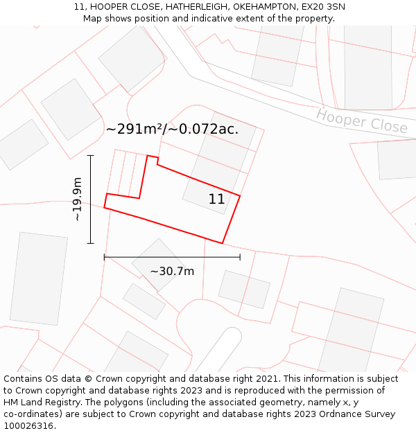 11, HOOPER CLOSE, HATHERLEIGH, OKEHAMPTON, EX20 3SN: Plot and title map