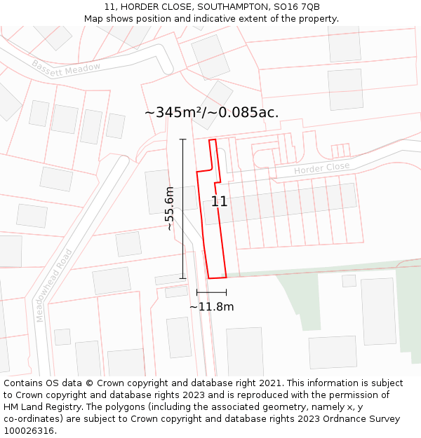 11, HORDER CLOSE, SOUTHAMPTON, SO16 7QB: Plot and title map