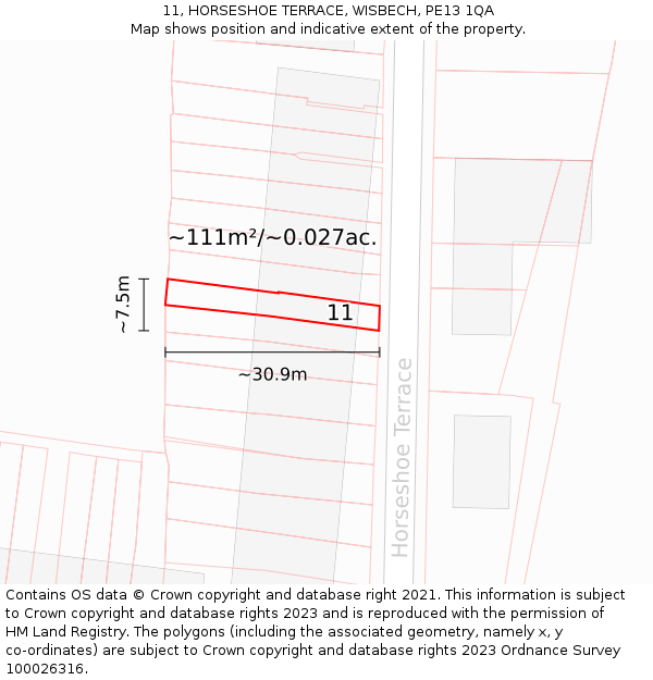11, HORSESHOE TERRACE, WISBECH, PE13 1QA: Plot and title map