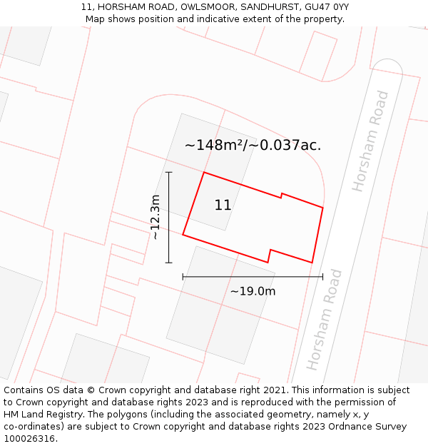 11, HORSHAM ROAD, OWLSMOOR, SANDHURST, GU47 0YY: Plot and title map