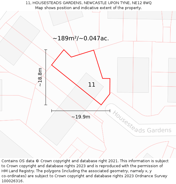 11, HOUSESTEADS GARDENS, NEWCASTLE UPON TYNE, NE12 8WQ: Plot and title map