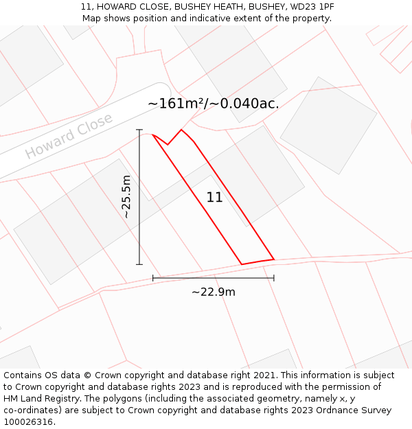 11, HOWARD CLOSE, BUSHEY HEATH, BUSHEY, WD23 1PF: Plot and title map