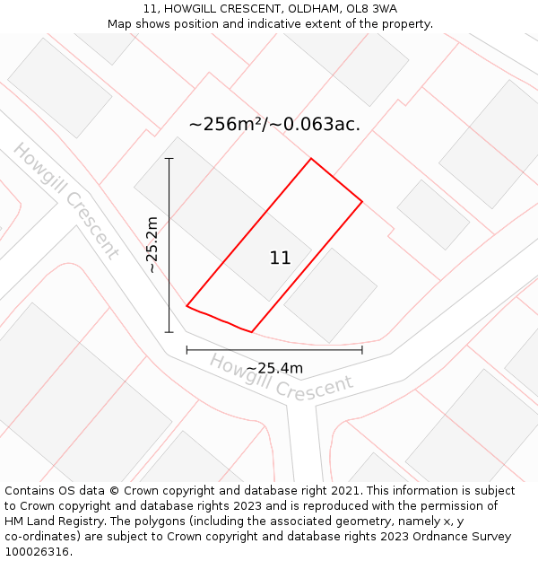 11, HOWGILL CRESCENT, OLDHAM, OL8 3WA: Plot and title map