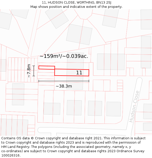 11, HUDSON CLOSE, WORTHING, BN13 2SJ: Plot and title map
