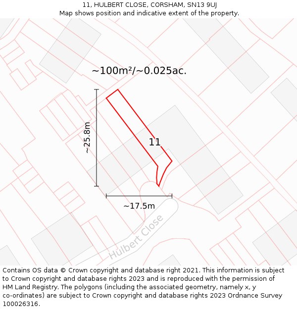 11, HULBERT CLOSE, CORSHAM, SN13 9UJ: Plot and title map