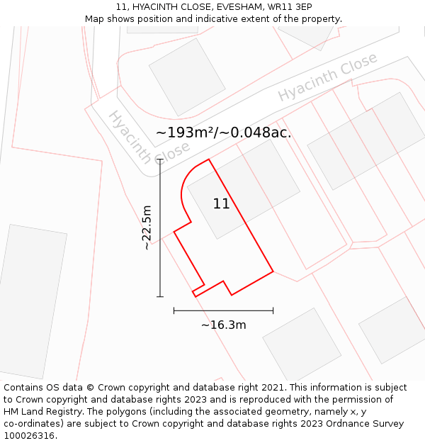 11, HYACINTH CLOSE, EVESHAM, WR11 3EP: Plot and title map