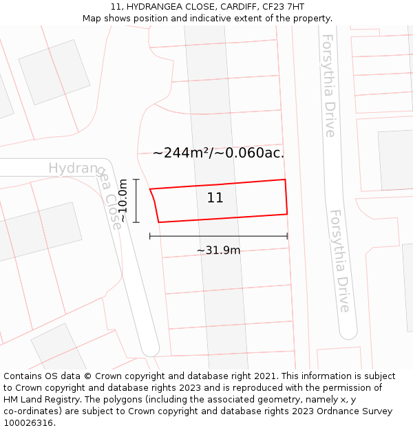 11, HYDRANGEA CLOSE, CARDIFF, CF23 7HT: Plot and title map