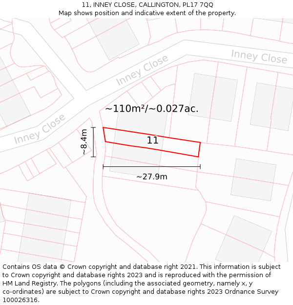 11, INNEY CLOSE, CALLINGTON, PL17 7QQ: Plot and title map