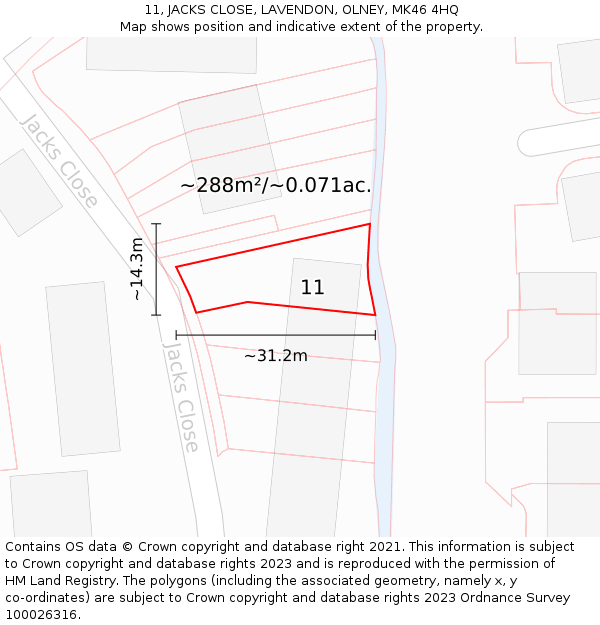 11, JACKS CLOSE, LAVENDON, OLNEY, MK46 4HQ: Plot and title map