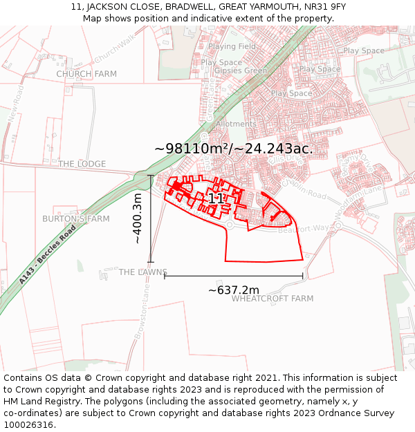 11, JACKSON CLOSE, BRADWELL, GREAT YARMOUTH, NR31 9FY: Plot and title map
