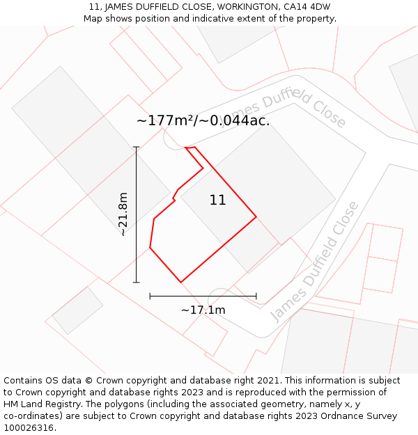 11, JAMES DUFFIELD CLOSE, WORKINGTON, CA14 4DW: Plot and title map