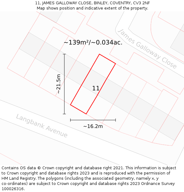 11, JAMES GALLOWAY CLOSE, BINLEY, COVENTRY, CV3 2NF: Plot and title map