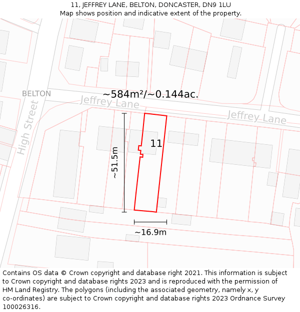 11, JEFFREY LANE, BELTON, DONCASTER, DN9 1LU: Plot and title map