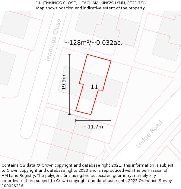 11, JENNINGS CLOSE, HEACHAM, KING'S LYNN, PE31 7SU: Plot and title map