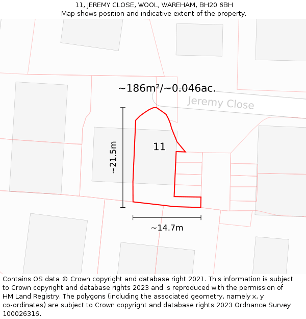 11, JEREMY CLOSE, WOOL, WAREHAM, BH20 6BH: Plot and title map