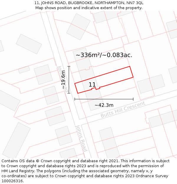 11, JOHNS ROAD, BUGBROOKE, NORTHAMPTON, NN7 3QL: Plot and title map