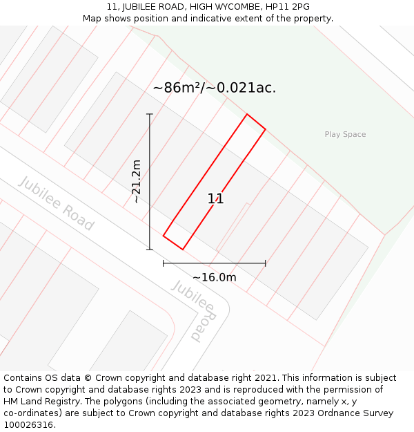 11, JUBILEE ROAD, HIGH WYCOMBE, HP11 2PG: Plot and title map