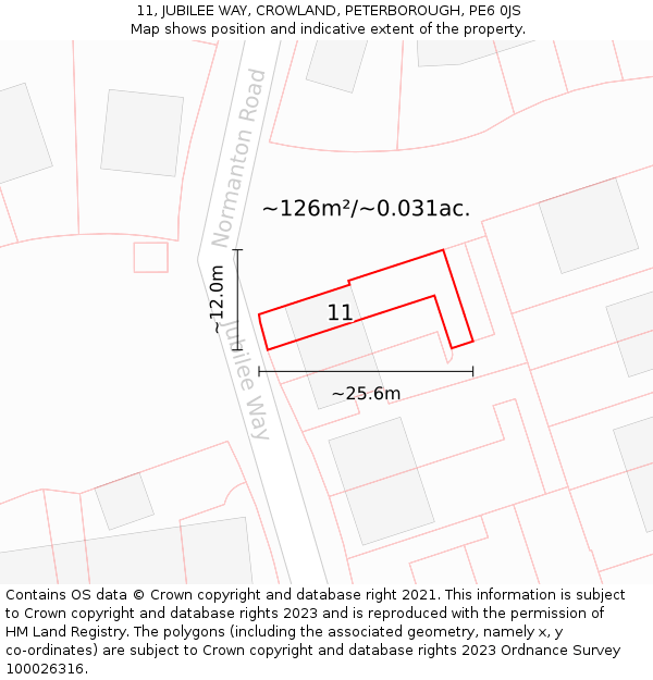 11, JUBILEE WAY, CROWLAND, PETERBOROUGH, PE6 0JS: Plot and title map