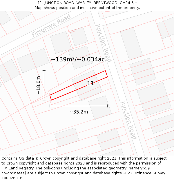 11, JUNCTION ROAD, WARLEY, BRENTWOOD, CM14 5JH: Plot and title map