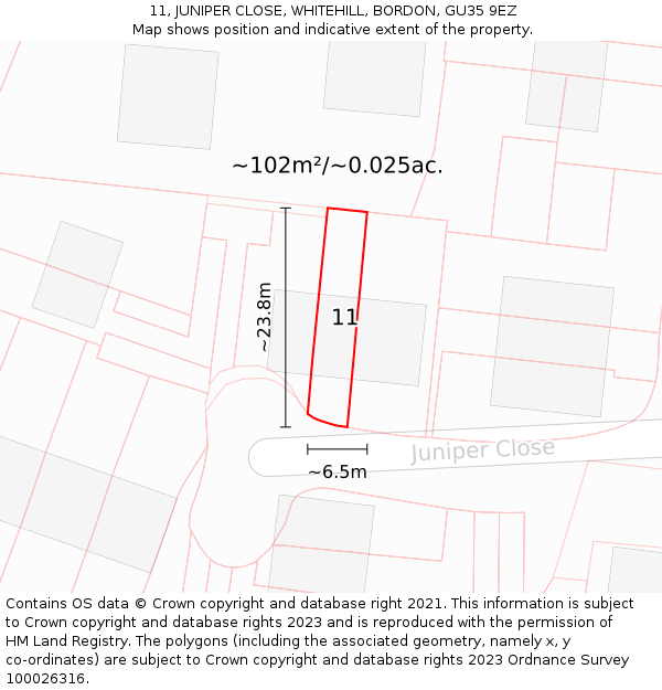 11, JUNIPER CLOSE, WHITEHILL, BORDON, GU35 9EZ: Plot and title map