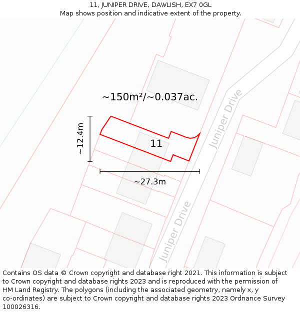 11, JUNIPER DRIVE, DAWLISH, EX7 0GL: Plot and title map
