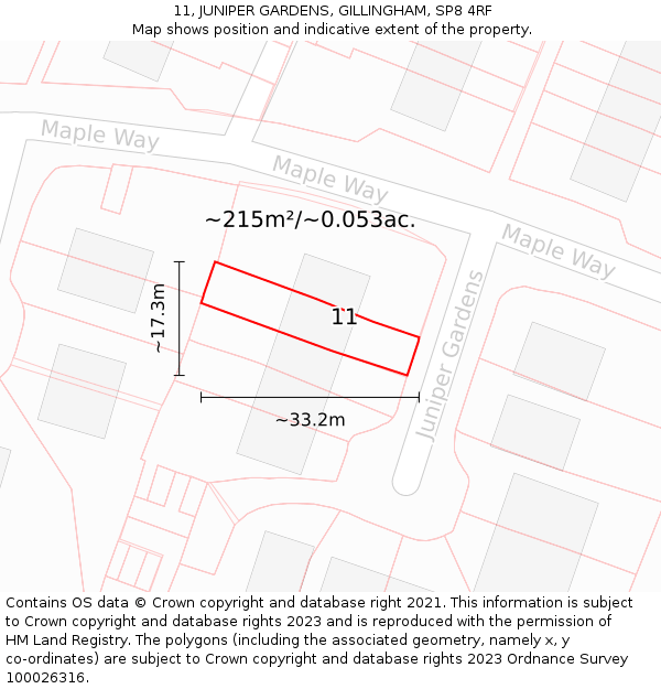 11, JUNIPER GARDENS, GILLINGHAM, SP8 4RF: Plot and title map
