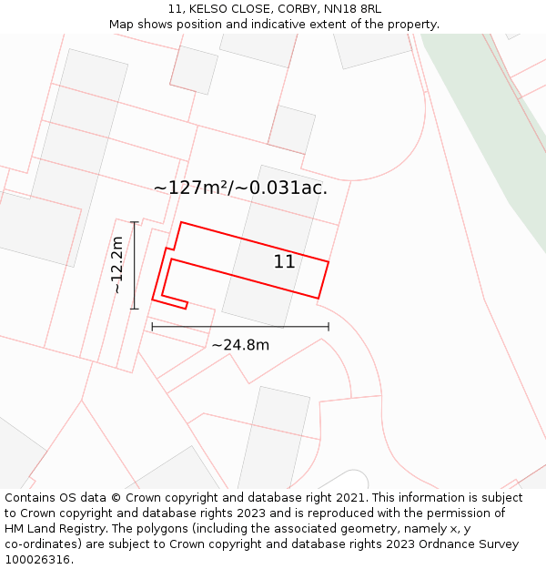 11, KELSO CLOSE, CORBY, NN18 8RL: Plot and title map