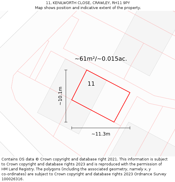 11, KENILWORTH CLOSE, CRAWLEY, RH11 9PY: Plot and title map