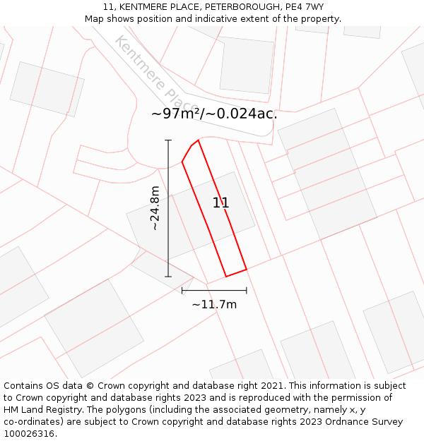 11, KENTMERE PLACE, PETERBOROUGH, PE4 7WY: Plot and title map