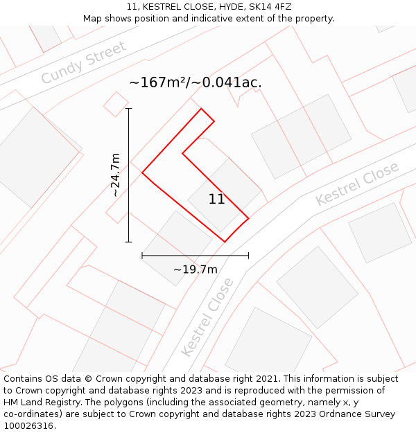 11, KESTREL CLOSE, HYDE, SK14 4FZ: Plot and title map