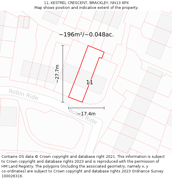 11, KESTREL CRESCENT, BRACKLEY, NN13 6PX: Plot and title map