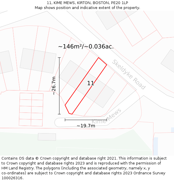 11, KIME MEWS, KIRTON, BOSTON, PE20 1LP: Plot and title map