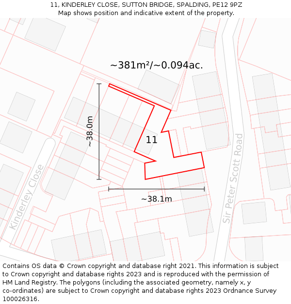 11, KINDERLEY CLOSE, SUTTON BRIDGE, SPALDING, PE12 9PZ: Plot and title map