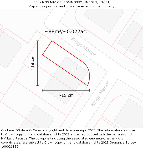 11, KINGS MANOR, CONINGSBY, LINCOLN, LN4 4TJ: Plot and title map