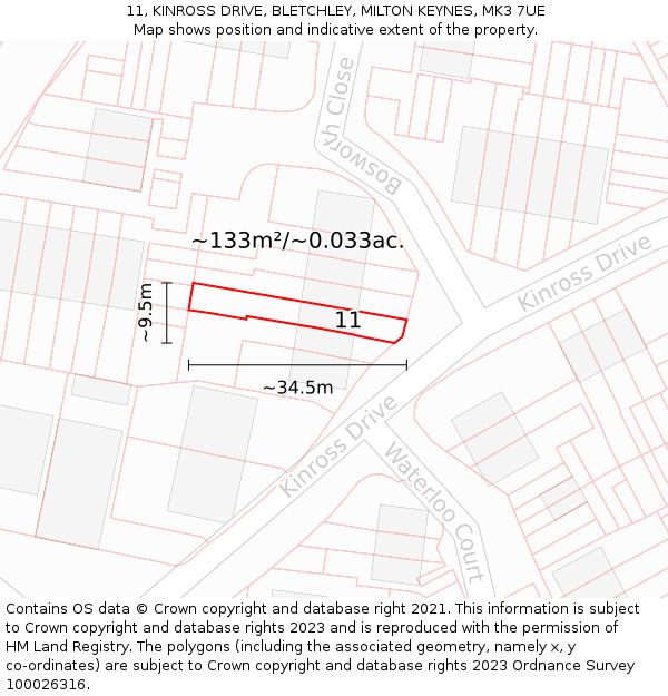11, KINROSS DRIVE, BLETCHLEY, MILTON KEYNES, MK3 7UE: Plot and title map