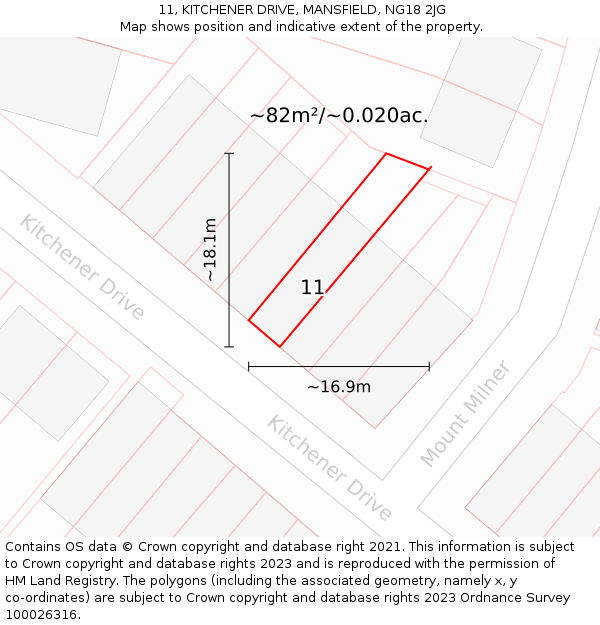 11, KITCHENER DRIVE, MANSFIELD, NG18 2JG: Plot and title map