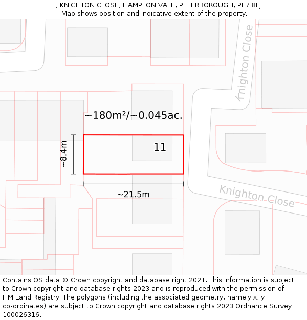 11, KNIGHTON CLOSE, HAMPTON VALE, PETERBOROUGH, PE7 8LJ: Plot and title map