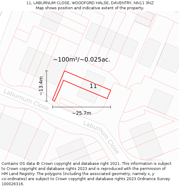 11, LABURNUM CLOSE, WOODFORD HALSE, DAVENTRY, NN11 3NZ: Plot and title map