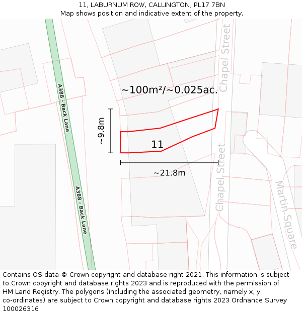 11, LABURNUM ROW, CALLINGTON, PL17 7BN: Plot and title map