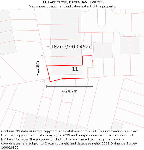 11, LAKE CLOSE, DAGENHAM, RM8 2TE: Plot and title map