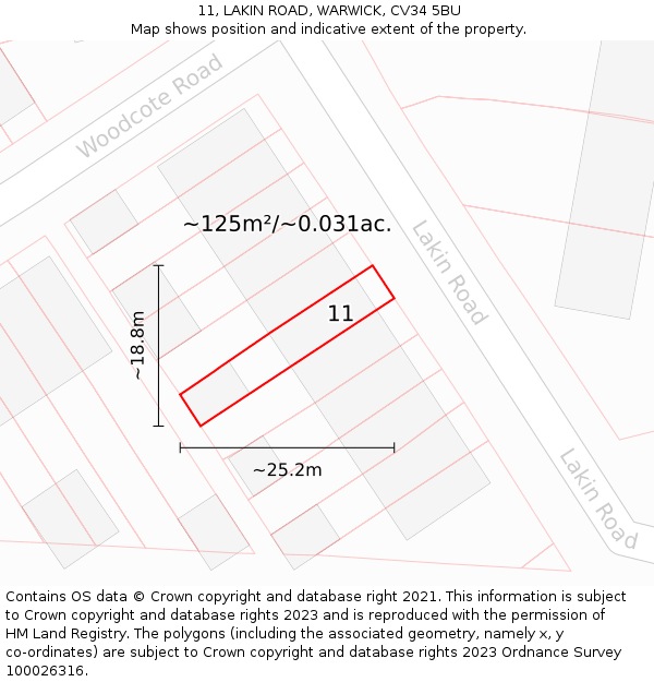 11, LAKIN ROAD, WARWICK, CV34 5BU: Plot and title map