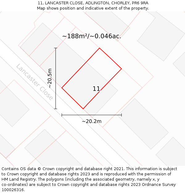 11, LANCASTER CLOSE, ADLINGTON, CHORLEY, PR6 9RA: Plot and title map