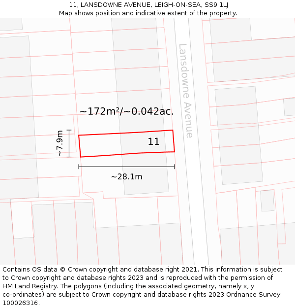 11, LANSDOWNE AVENUE, LEIGH-ON-SEA, SS9 1LJ: Plot and title map