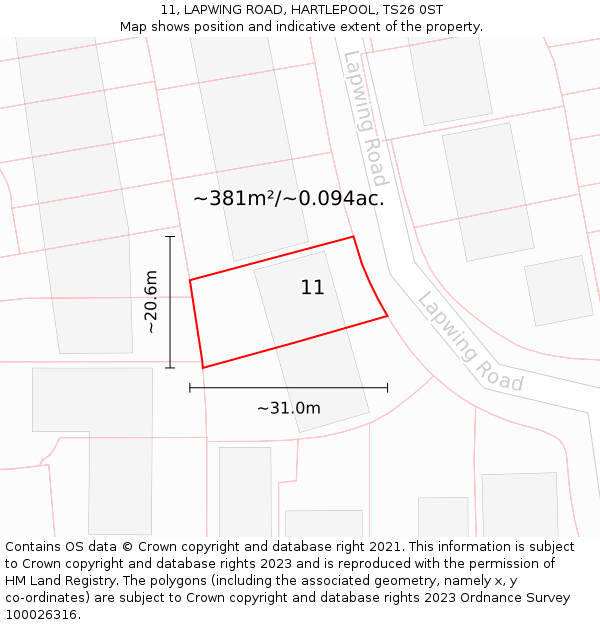 11, LAPWING ROAD, HARTLEPOOL, TS26 0ST: Plot and title map