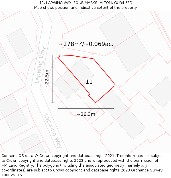 11, LAPWING WAY, FOUR MARKS, ALTON, GU34 5FD: Plot and title map