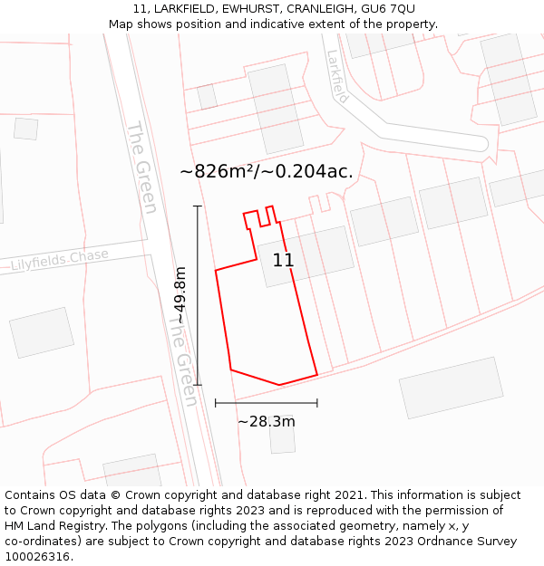 11, LARKFIELD, EWHURST, CRANLEIGH, GU6 7QU: Plot and title map