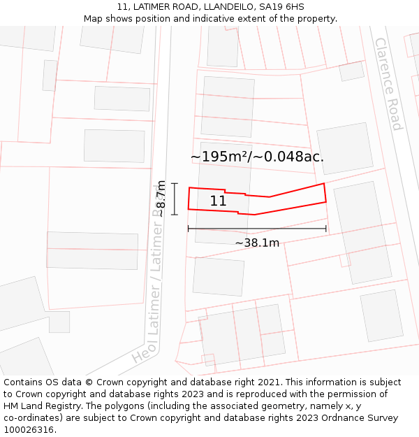 11, LATIMER ROAD, LLANDEILO, SA19 6HS: Plot and title map