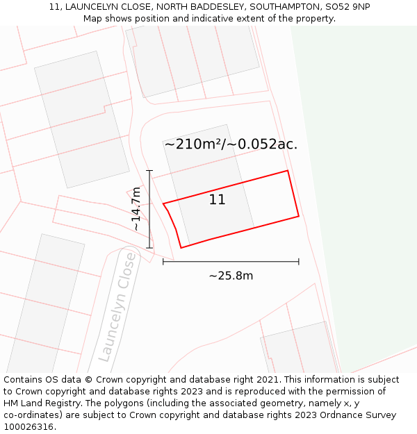 11, LAUNCELYN CLOSE, NORTH BADDESLEY, SOUTHAMPTON, SO52 9NP: Plot and title map