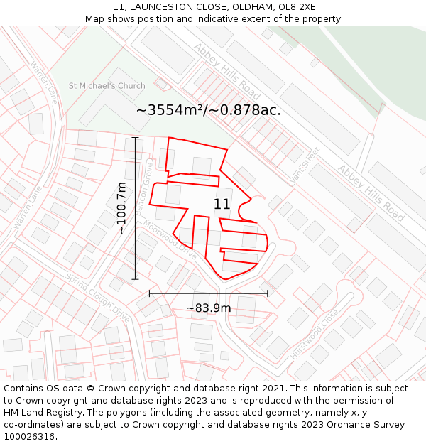 11, LAUNCESTON CLOSE, OLDHAM, OL8 2XE: Plot and title map