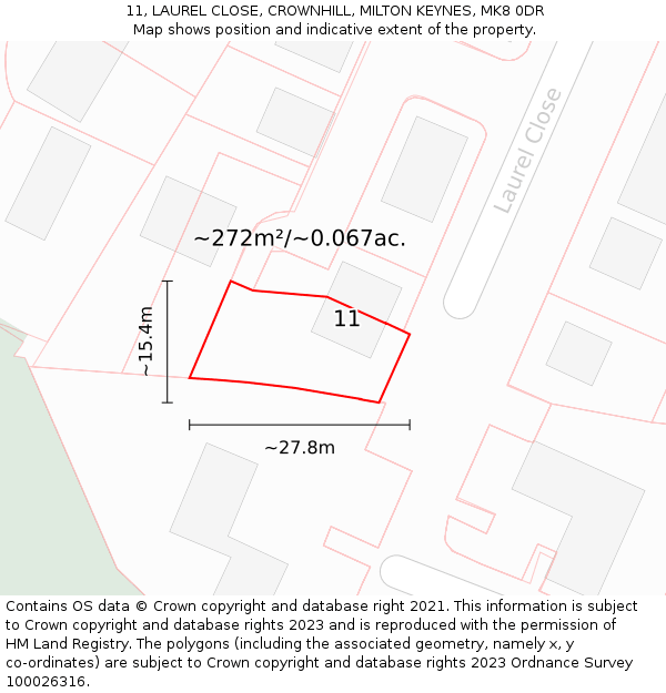 11, LAUREL CLOSE, CROWNHILL, MILTON KEYNES, MK8 0DR: Plot and title map
